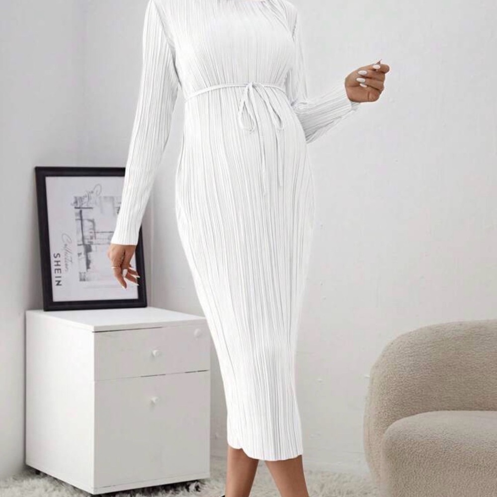 Maternity White Long Sleeve Pleated Maxi Dress